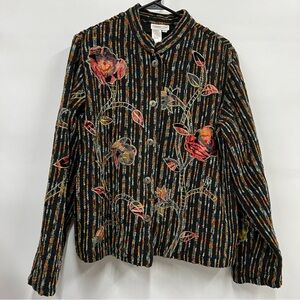 Vintage petite large button down blazer striped floral funky embroidery jacket